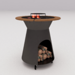 Grătar metalic de exterior cu focar central și blat din lemn – Design modern, tip Fire Pit