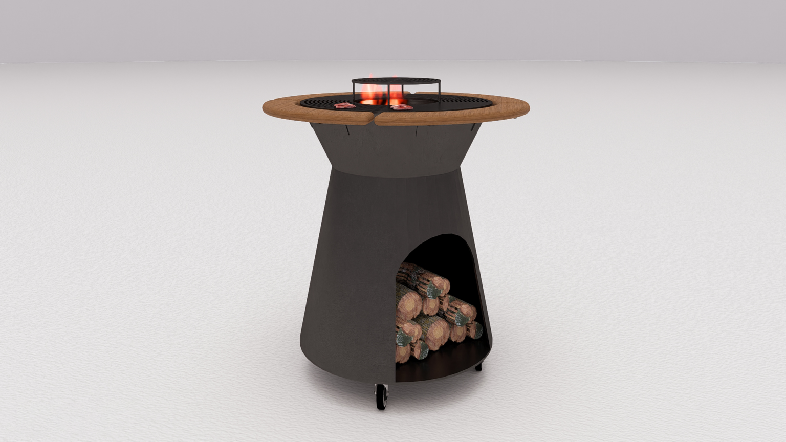 Grătar metalic de exterior cu focar central și blat din lemn – Design modern, tip Fire Pit