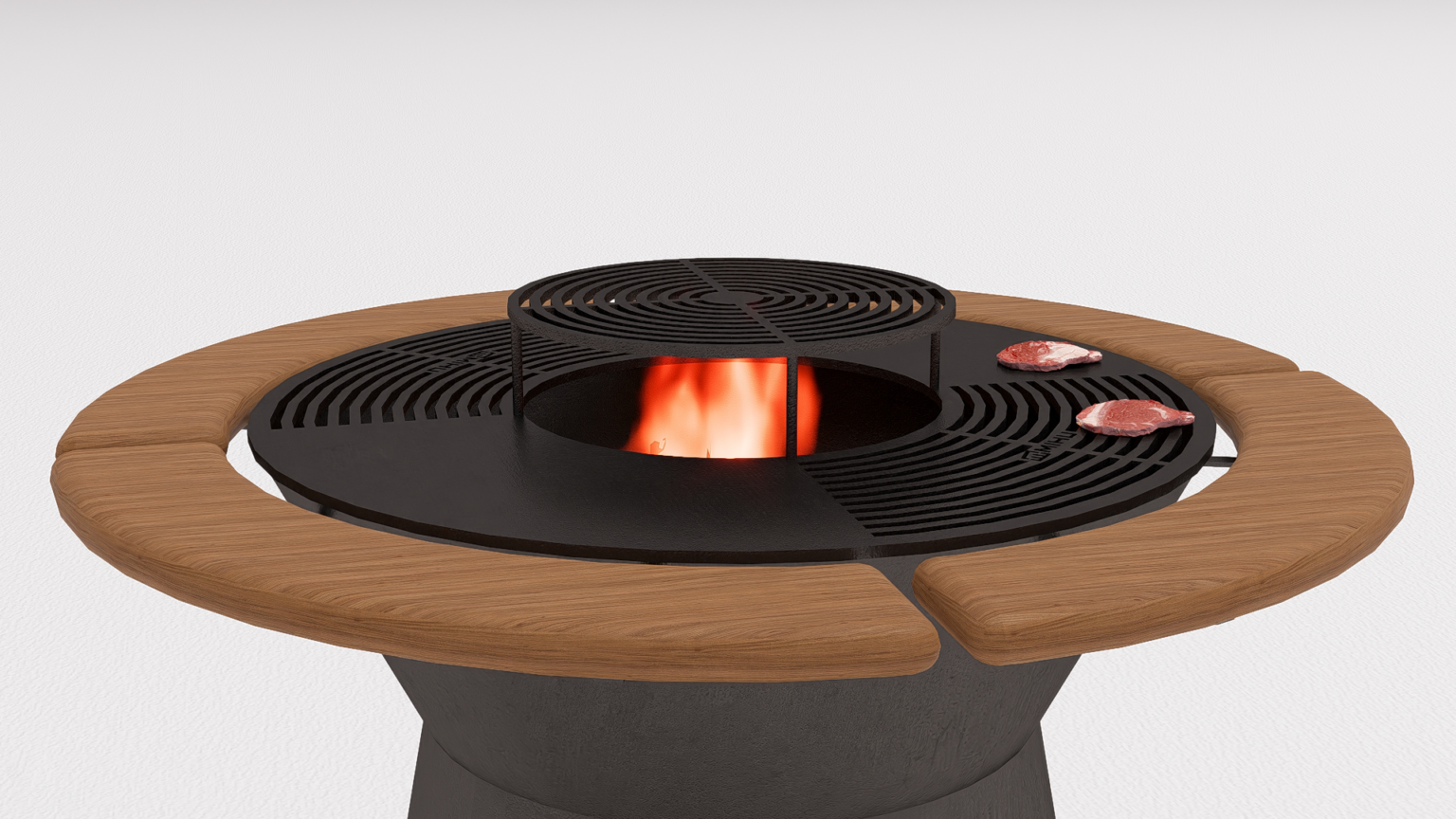 Grătar metalic de exterior cu focar central și blat din lemn – Design modern, tip Fire Pit - imagine 2