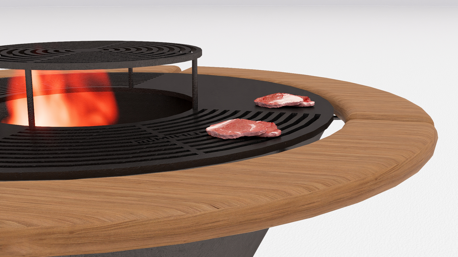 Grătar metalic de exterior cu focar central și blat din lemn – Design modern, tip Fire Pit - imagine 3