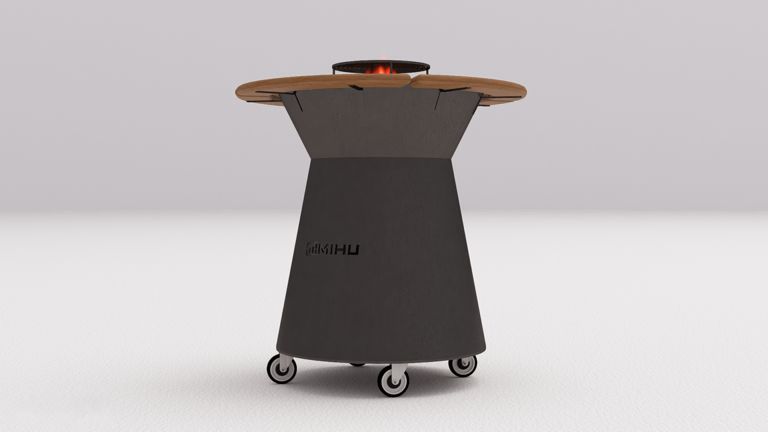 Grătar metalic de exterior cu focar central și blat din lemn – Design modern, tip Fire Pit - imagine 4
