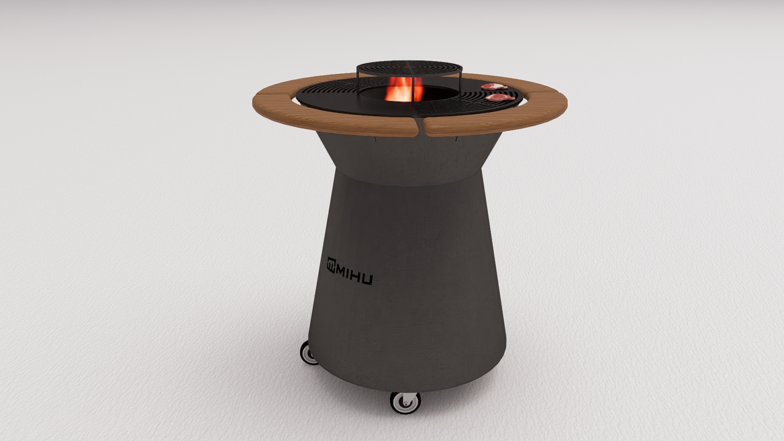 Grătar metalic de exterior cu focar central și blat din lemn – Design modern, tip Fire Pit - imagine 5