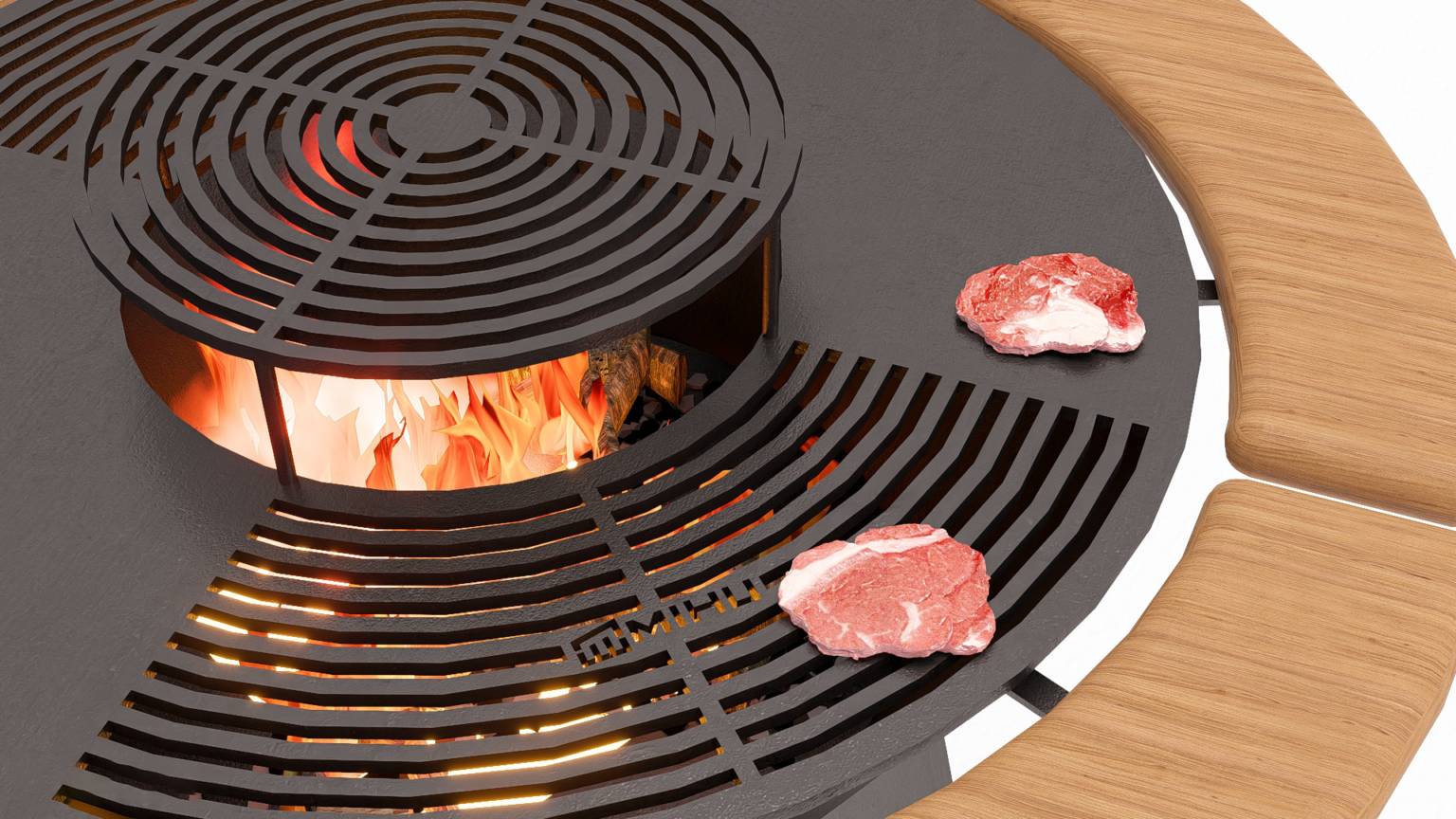 Grătar metalic de exterior cu focar central și blat din lemn – Design modern, tip Fire Pit - imagine 6