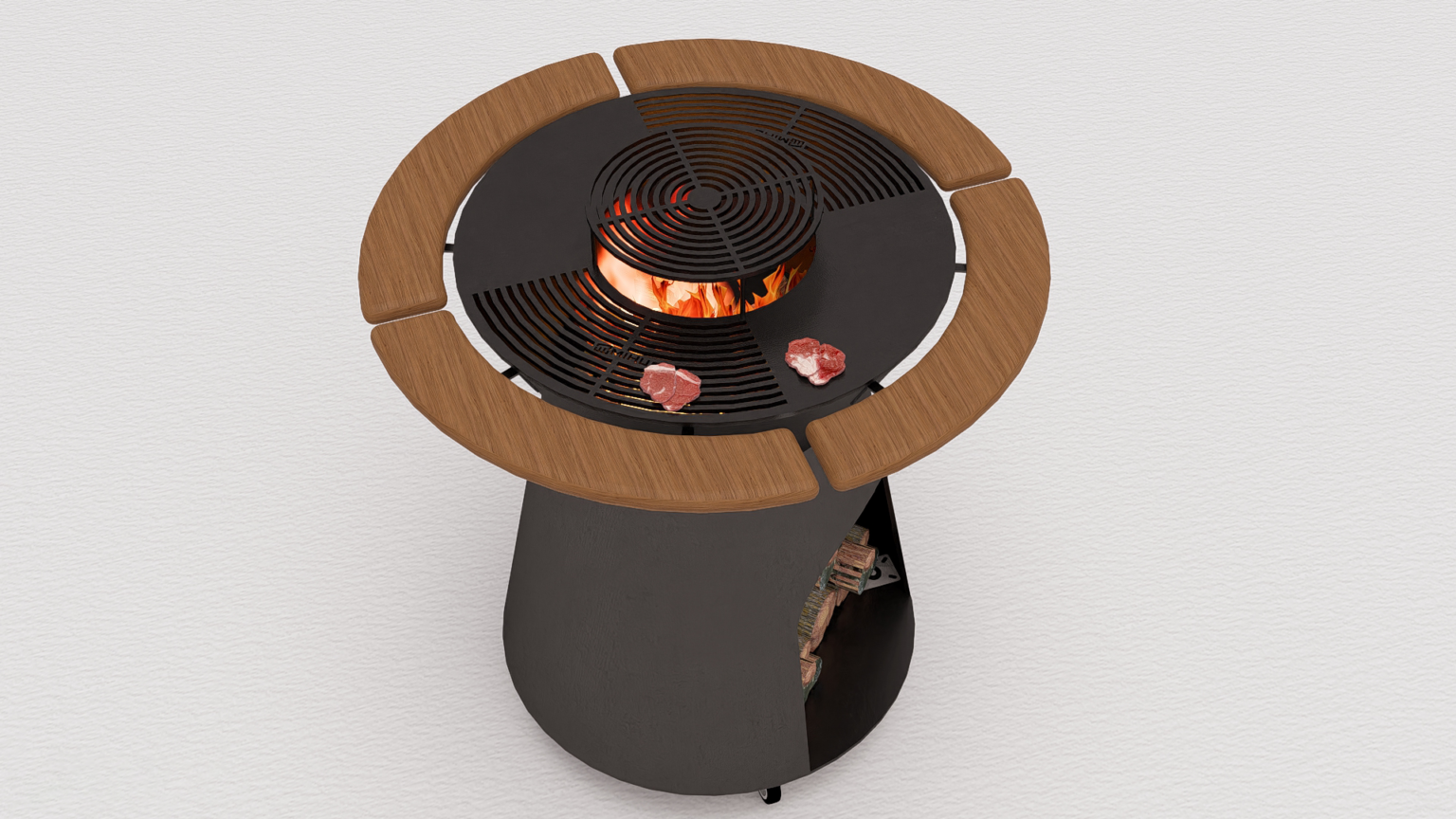 Grătar metalic de exterior cu focar central și blat din lemn – Design modern, tip Fire Pit - imagine 7