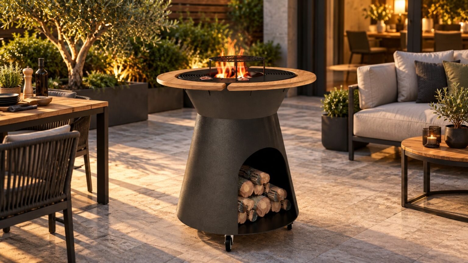 Grătar metalic de exterior cu focar central și blat din lemn – Design modern, tip Fire Pit - imagine 8
