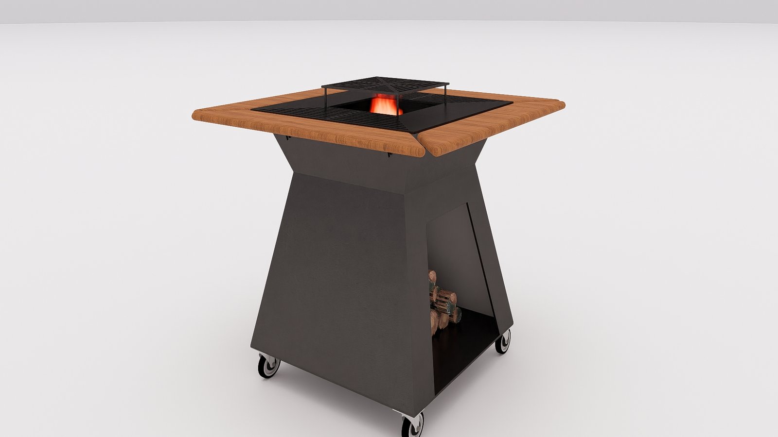 p5_01 Grătar metalic de exterior pătrat cu focar central și blat din lemn – Design modern, tip Fire Pit - imagine 1