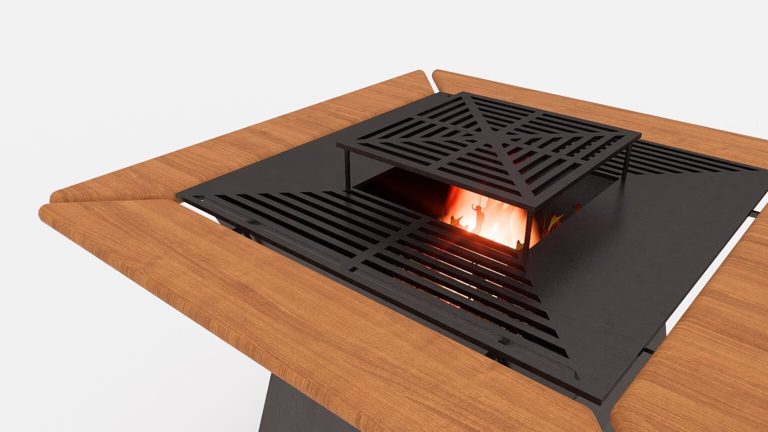 Grătar metalic de exterior pătrat cu focar central și blat din lemn – Design modern, tip Fire Pit - imagine 3