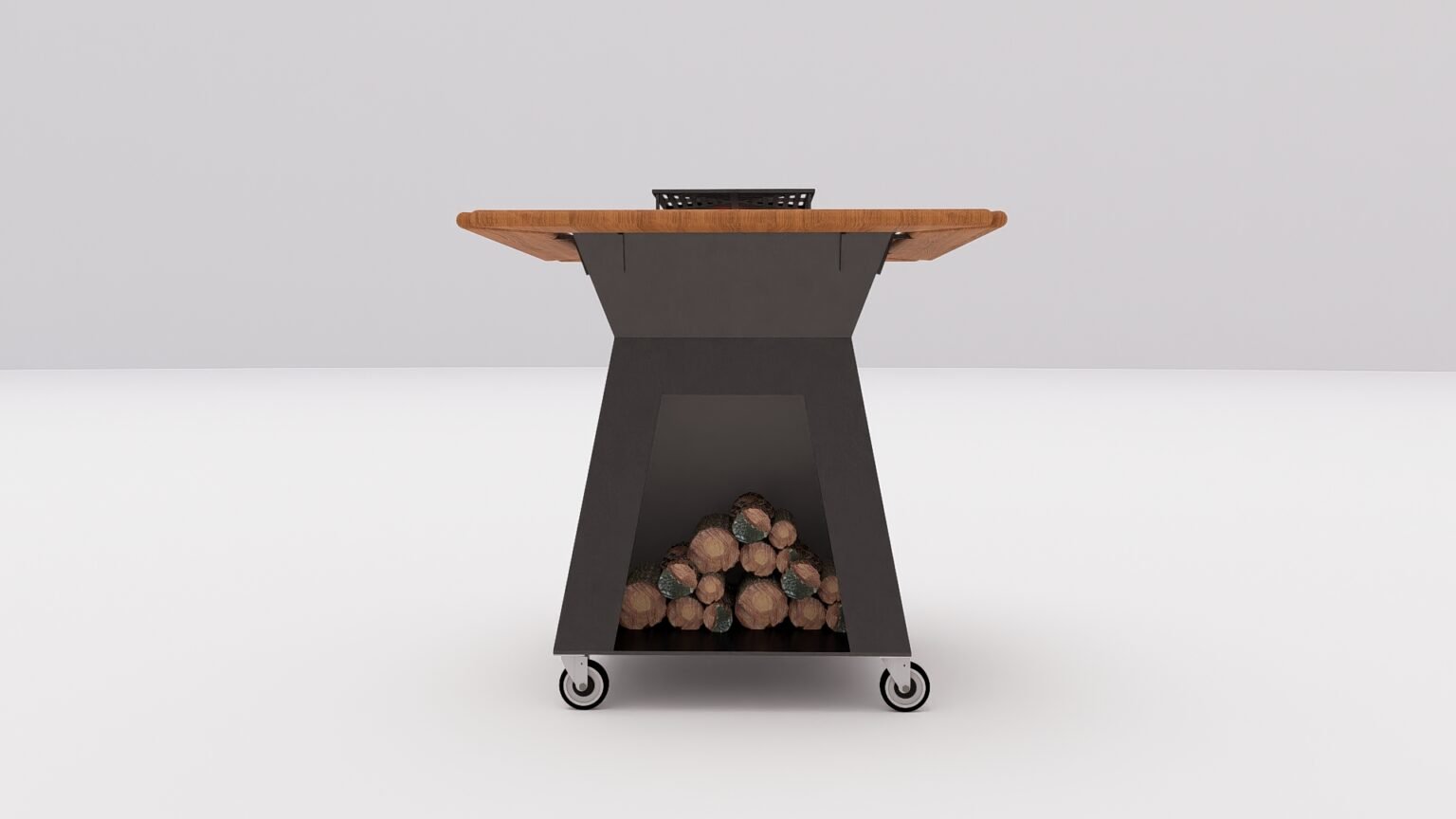 Grătar metalic de exterior pătrat cu focar central și blat din lemn – Design modern, tip Fire Pit - imagine 4