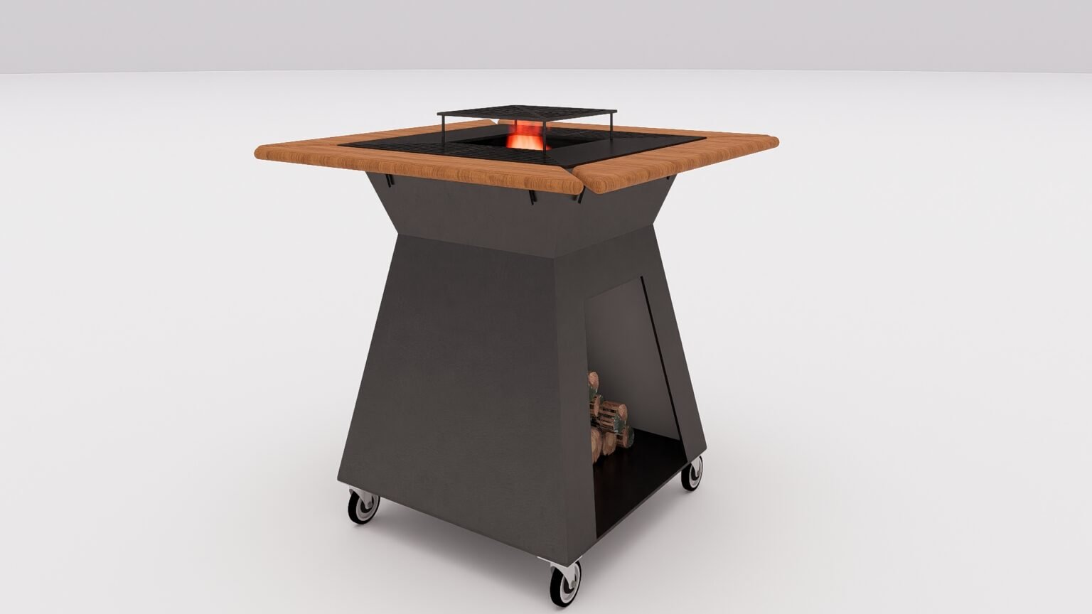 Grătar metalic de exterior pătrat cu focar central și blat din lemn – Design modern, tip Fire Pit - imagine 5