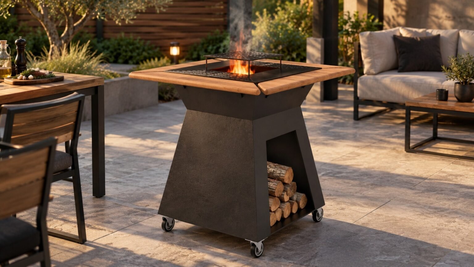 Grătar metalic de exterior pătrat cu focar central și blat din lemn – Design modern, tip Fire Pit - imagine 6